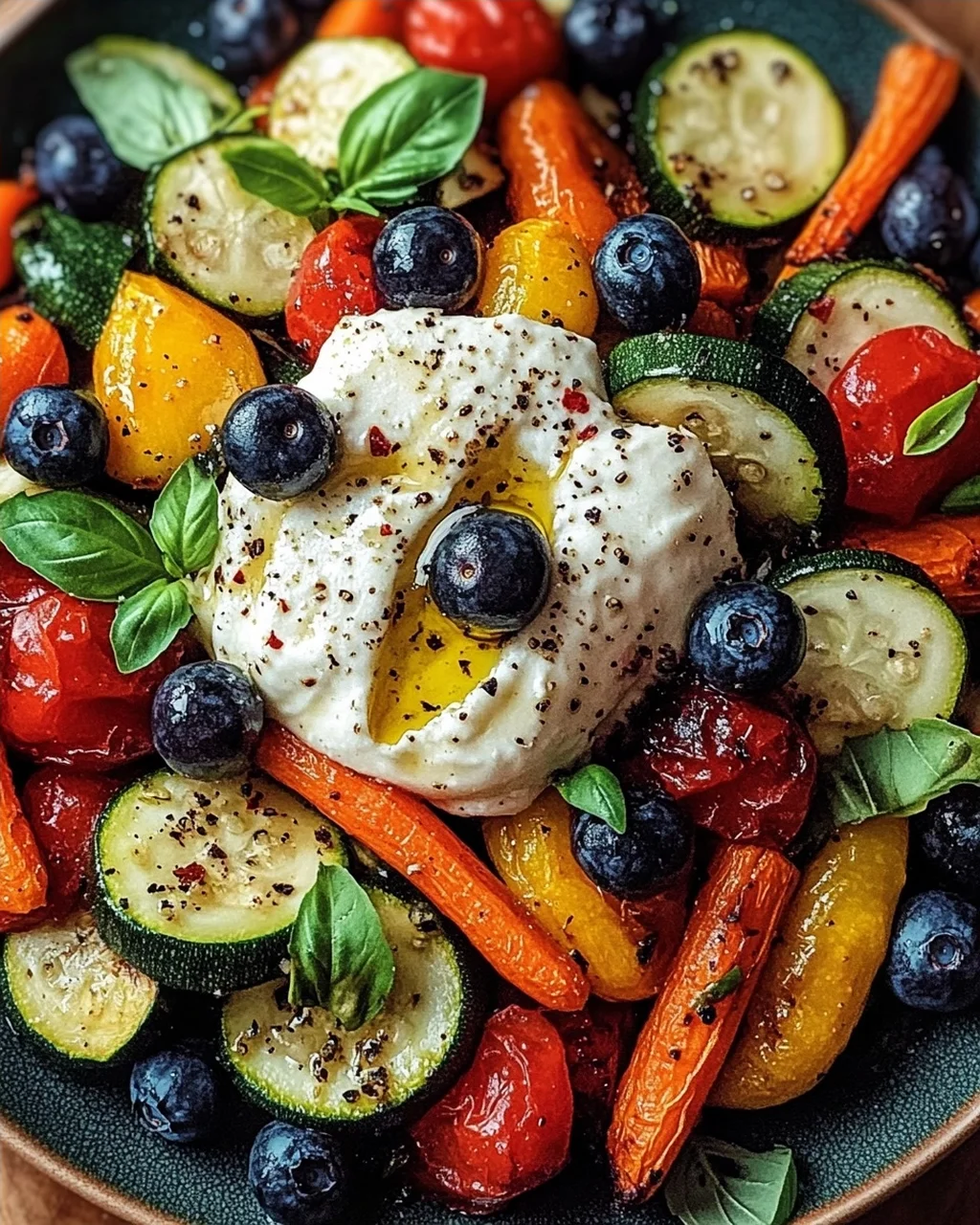 Burrata-Salat mit Ofengemüse und Blaubeeren