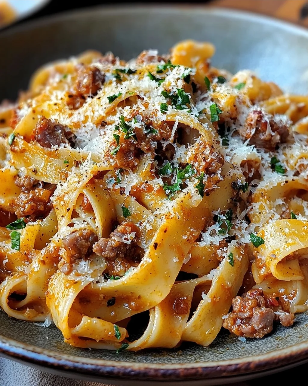 Cremige kalabrische Chili-Pappardelle mit Wurst und Fenchel