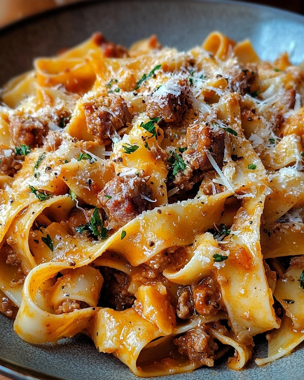 Cremige kalabrische Chili-Pappardelle mit Wurst und Fenchel