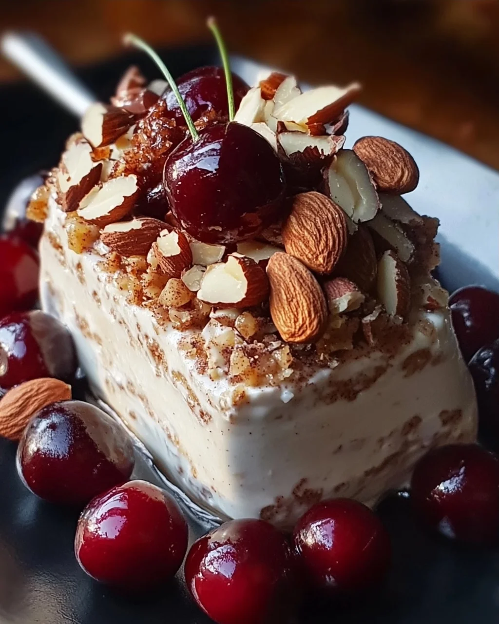 Cremiges Zimtparfait mit gebrannten Mandeln und Kirschen