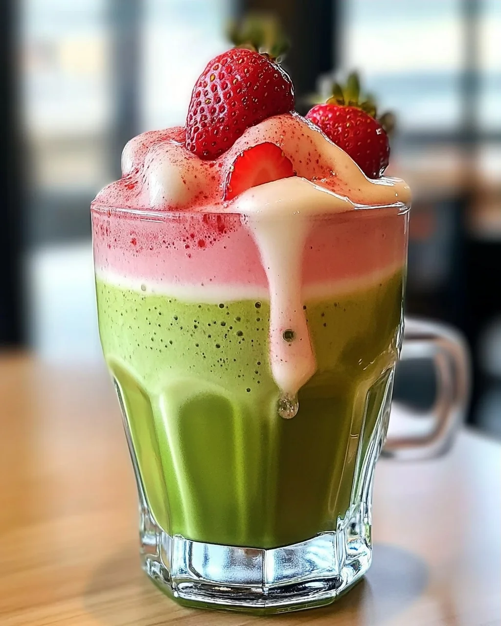Eis-Matcha-Latte mit Erdbeer-Kalte-Schaum genießen