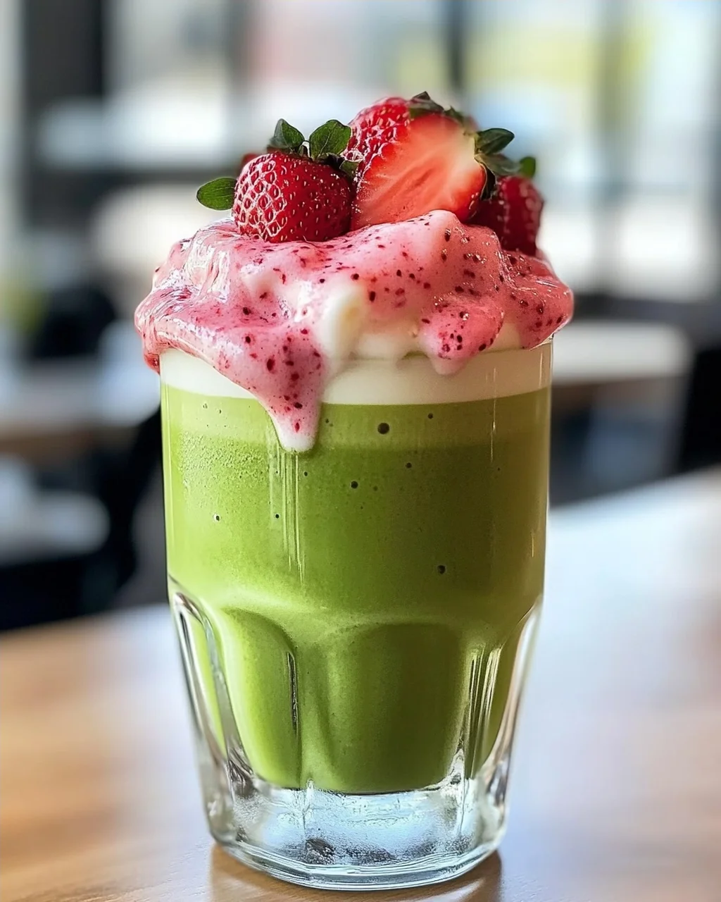 Eis-Matcha-Latte mit Erdbeer-Kalte-Schaum genießen