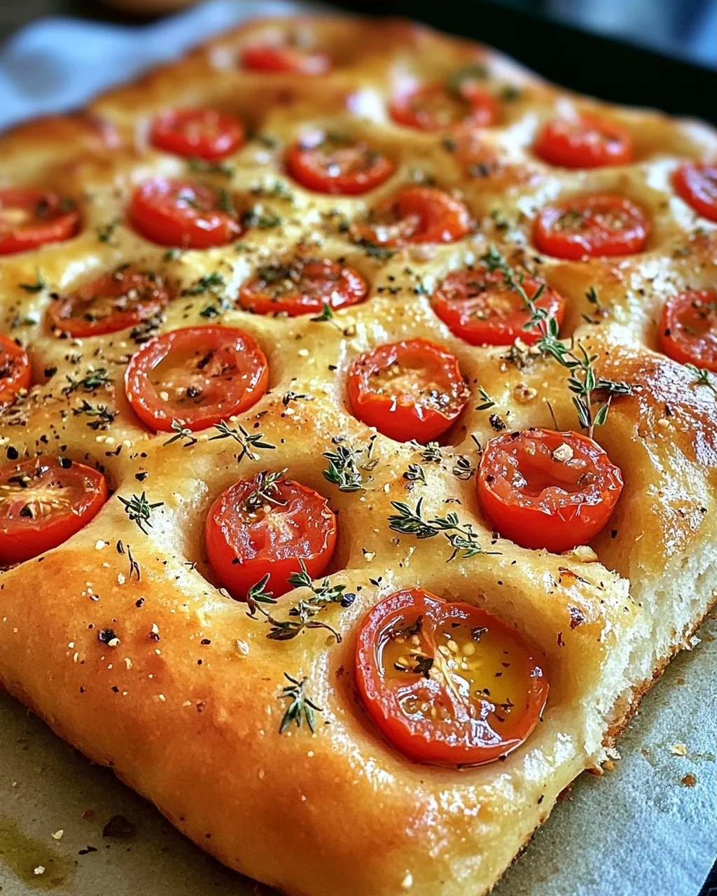 Focaccia mit Tomaten, Knoblauch & Thymian