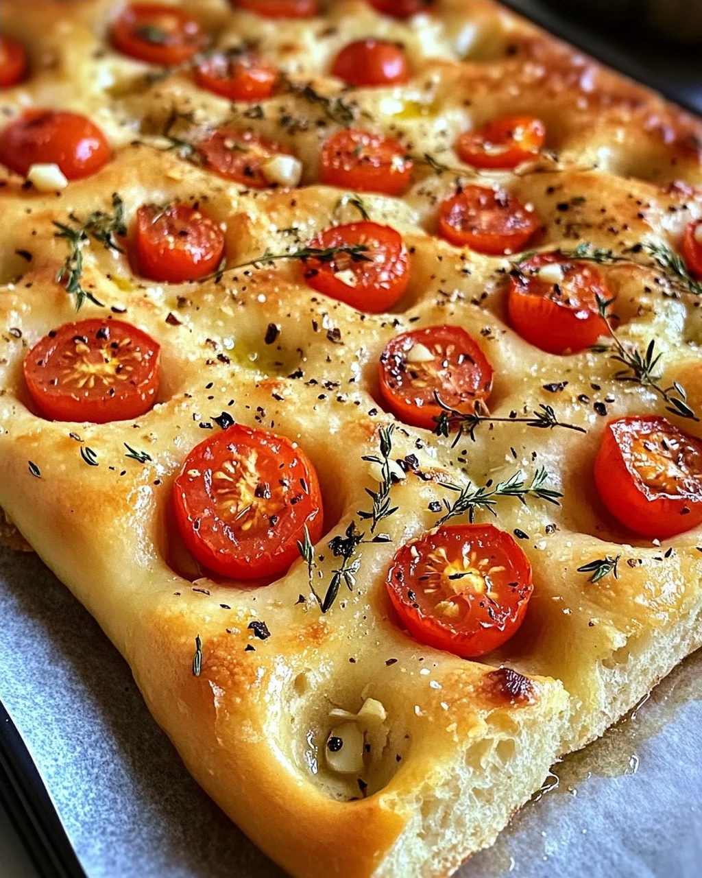 Focaccia mit Tomaten, Knoblauch & Thymian