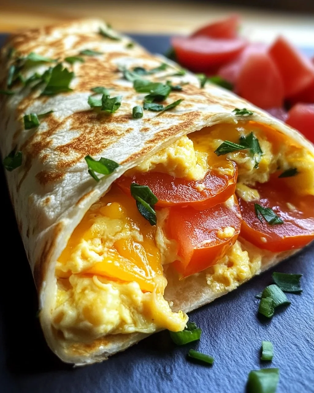 Frühstückswrap mit Ei, Käse und Tomaten