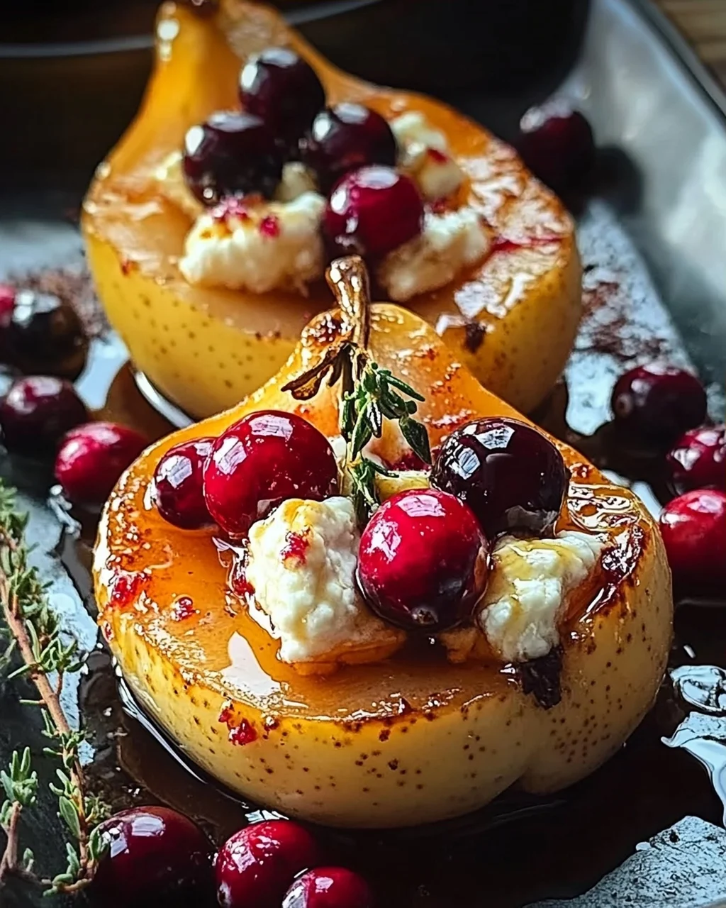 Gebackene Birnen mit Ziegenkäse, Honig & Preiselbeeren