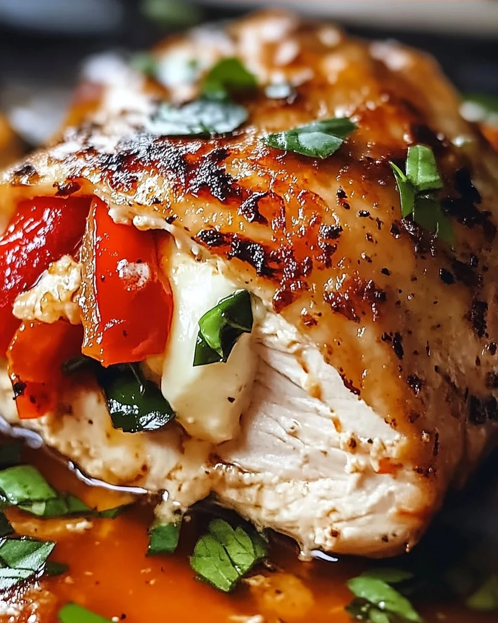 Geröstete rote Paprika und Mozzarella gefülltes Huhn