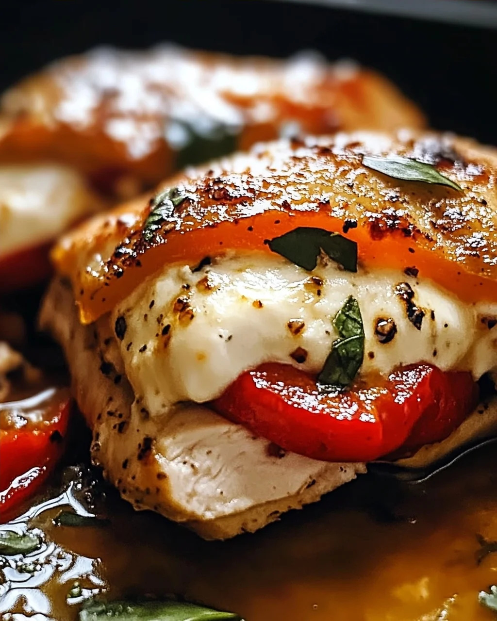 Geröstete rote Paprika und Mozzarella gefülltes Huhn