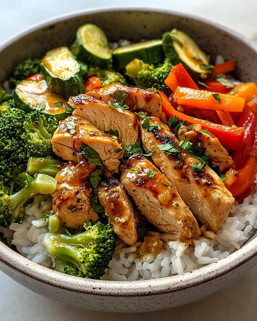 Hähnchen Reis Bowl mit Knoblauchbutter & frischem Gemüse