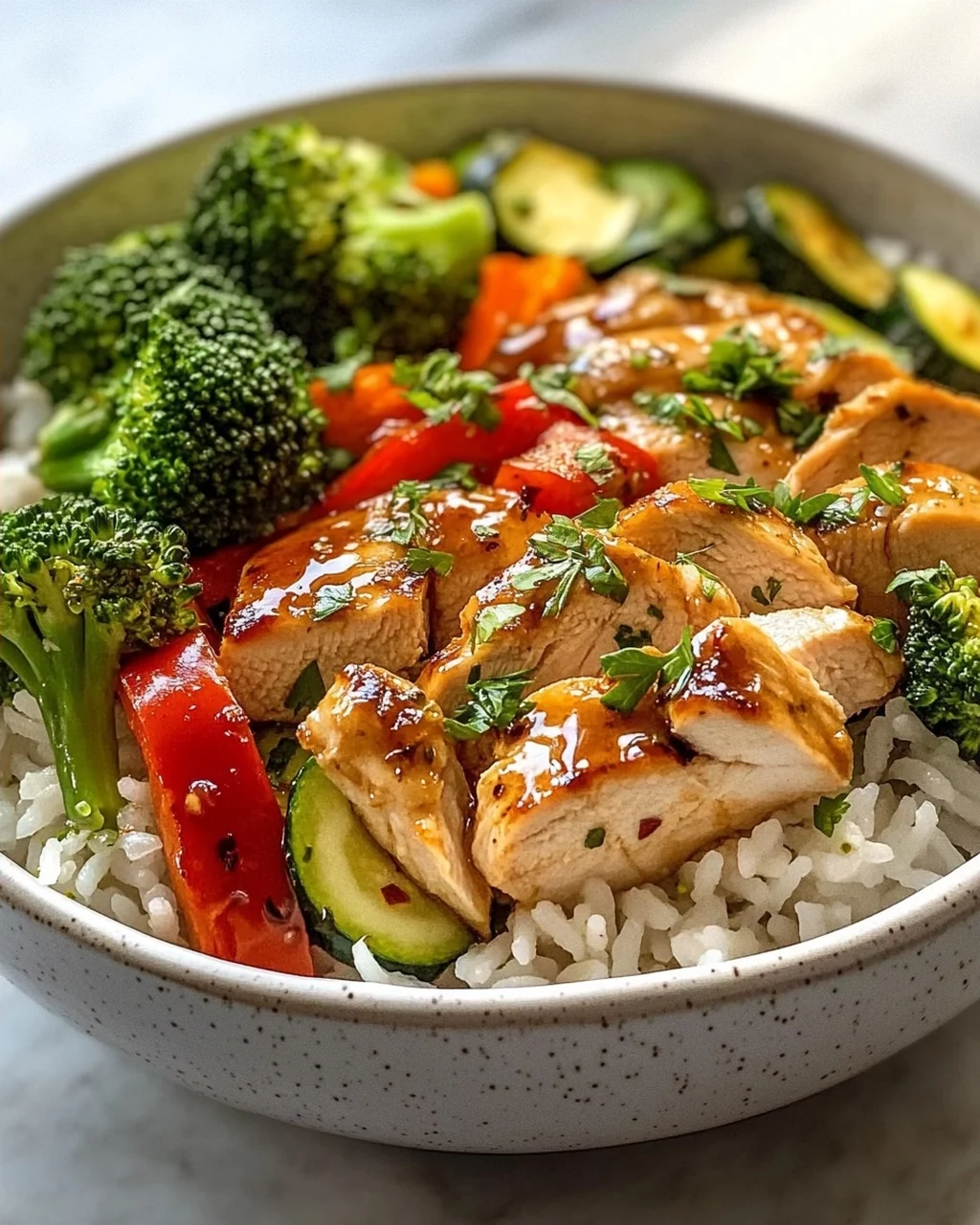 Hähnchen Reis Bowl mit Knoblauchbutter & frischem Gemüse