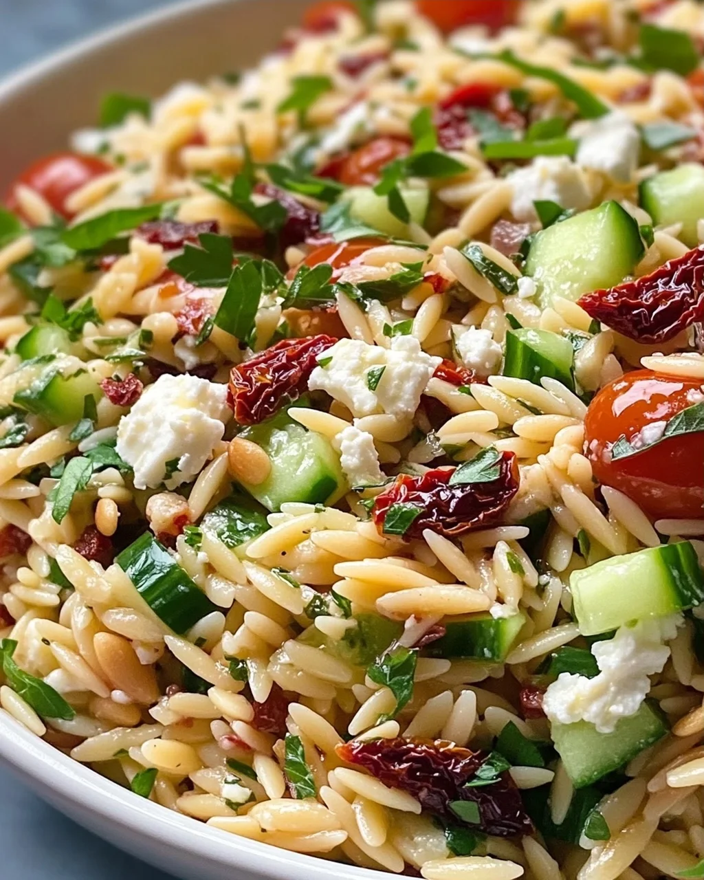Hausgemachter Orzo Salat mit Feta & Getrockneten Tomaten