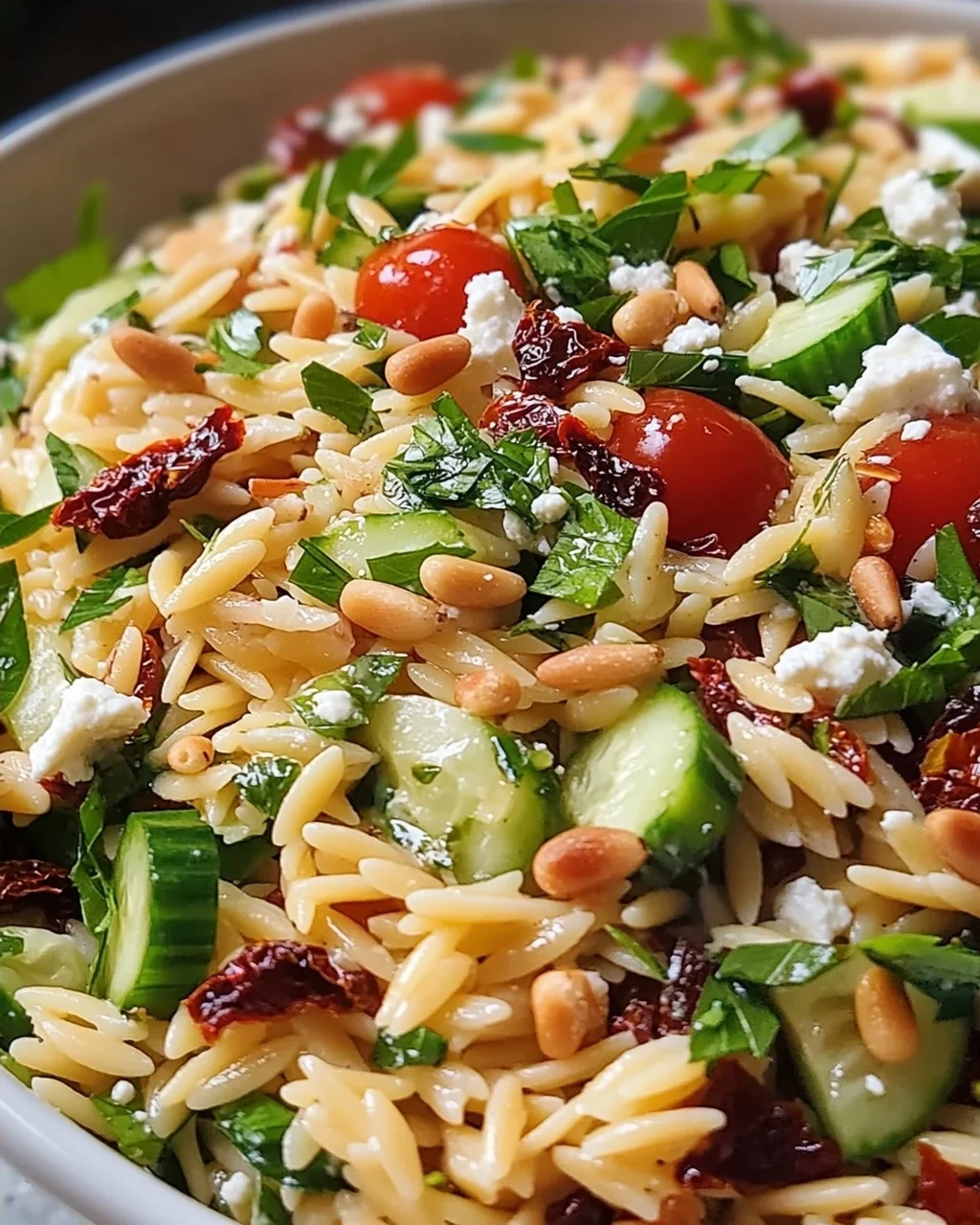 Hausgemachter Orzo Salat mit Feta & Getrockneten Tomaten