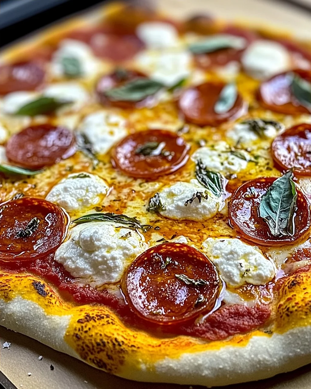 Heiße Honig-Pepperoni-Ricotta-Pizza für den Sommer
