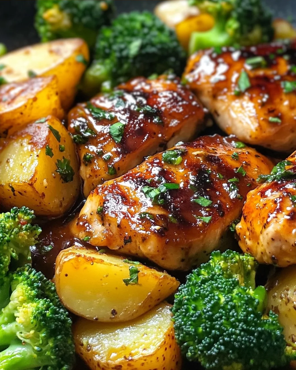 Honig-Knoblauch-Hähnchen mit Brokkoli und Kartoffeln aus dem Ofen