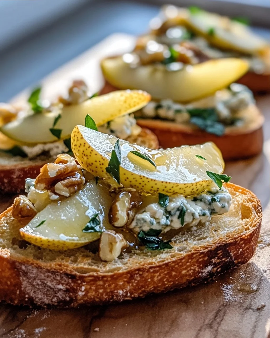 Köstliche Gorgonzola Birnen Bruschetta auf Baguette Rezept