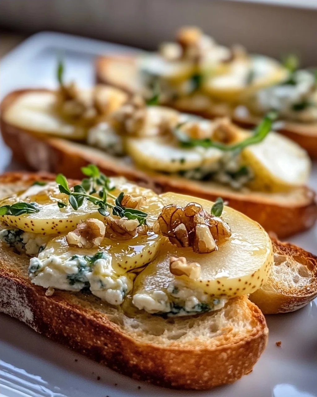 Köstliche Gorgonzola Birnen Bruschetta auf Baguette Rezept