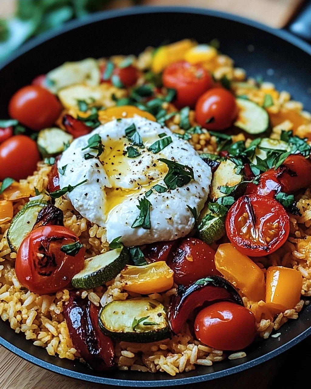 Mediterrane Reispfanne mit Burrata