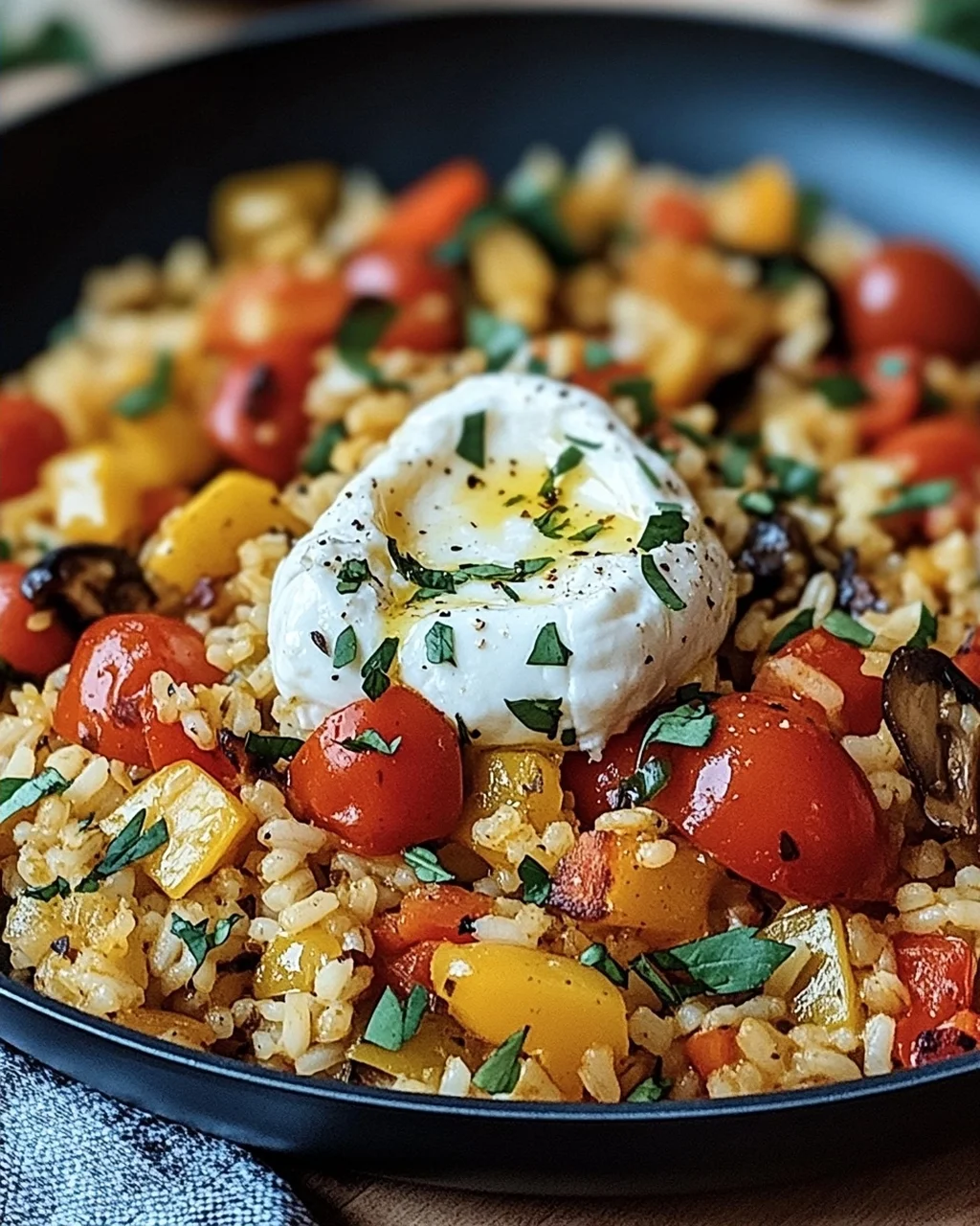 Mediterrane Reispfanne mit Burrata