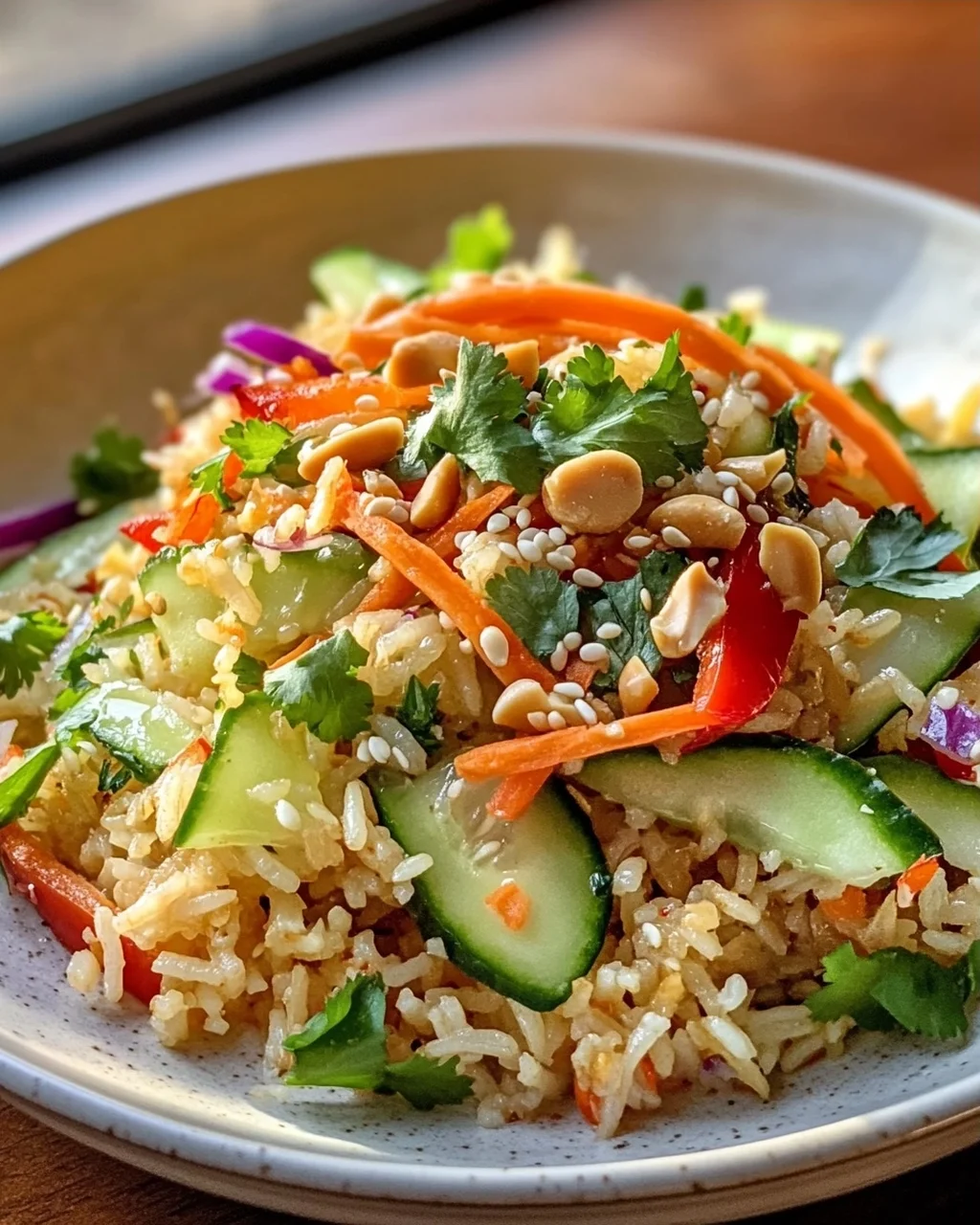Schneller Knuspriger Reissalat mit Erdnuss-Sesam-Dressing