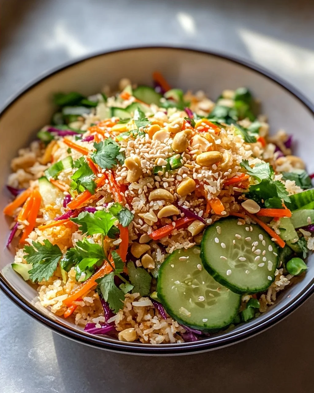 Schneller Knuspriger Reissalat mit Erdnuss-Sesam-Dressing