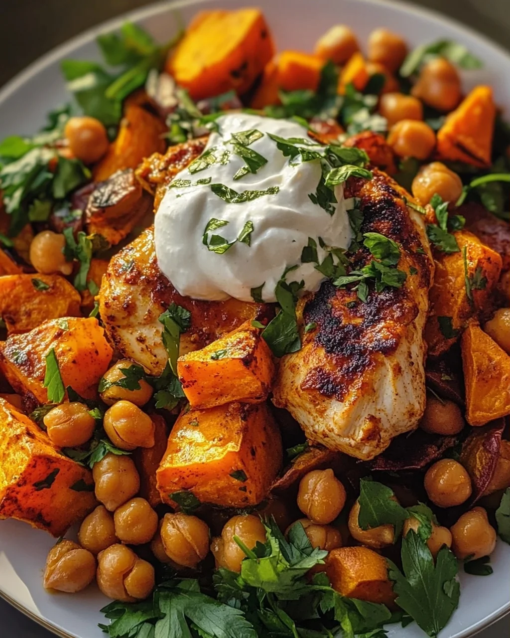 Würziges Ofen-Harissa Hähnchen mit Süßkartoffel, Kichererbsen und Knoblauchjoghurt
