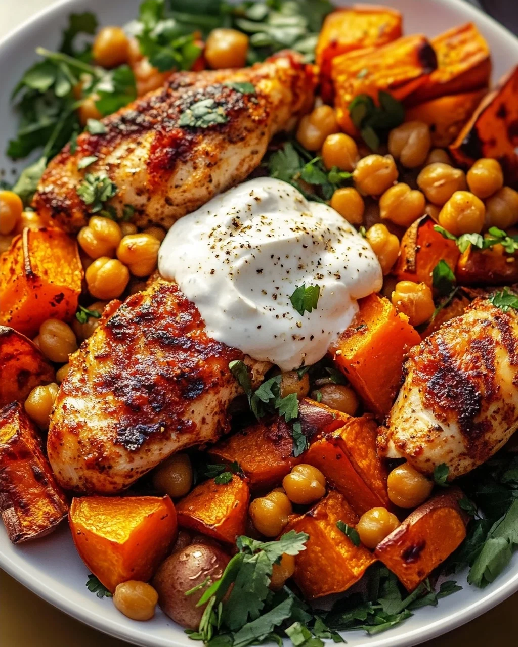 Würziges Ofen-Harissa Hähnchen mit Süßkartoffel, Kichererbsen und Knoblauchjoghurt
