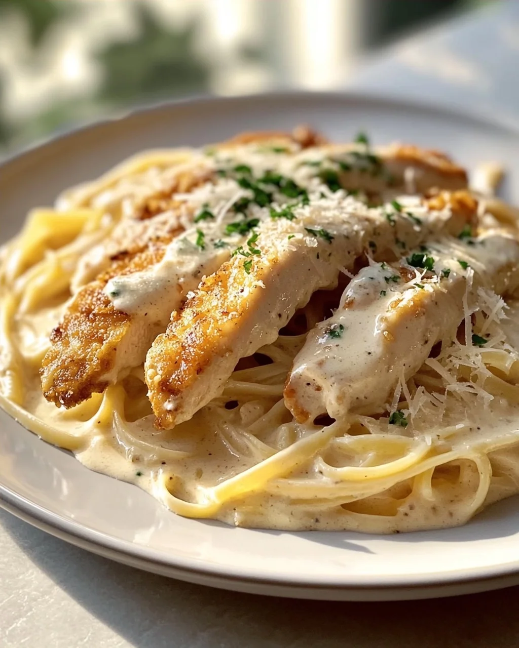Zarte Hähnchenstreifen mit cremigen Nudeln in Sahnesauce